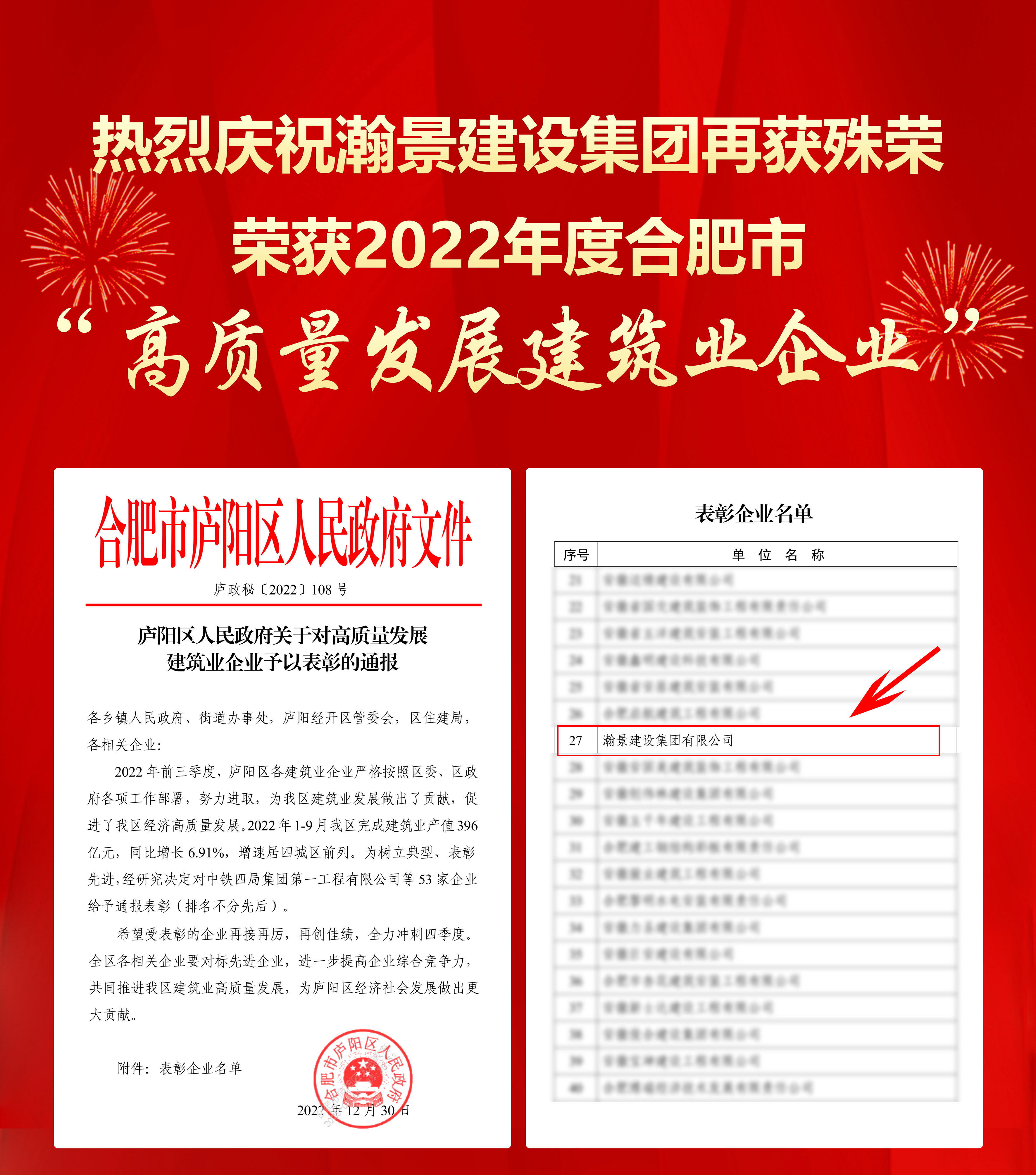 瀚景建設集團榮獲2022年度合肥市“高質量發展建筑企業”殊榮